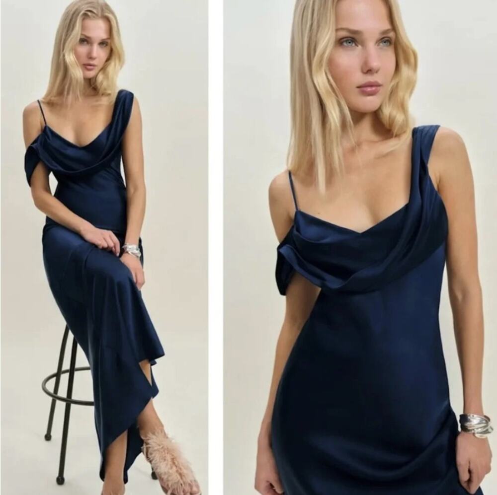 Reformation Navy Blue Ronda Silk Maxi Dress One Shoulder 4